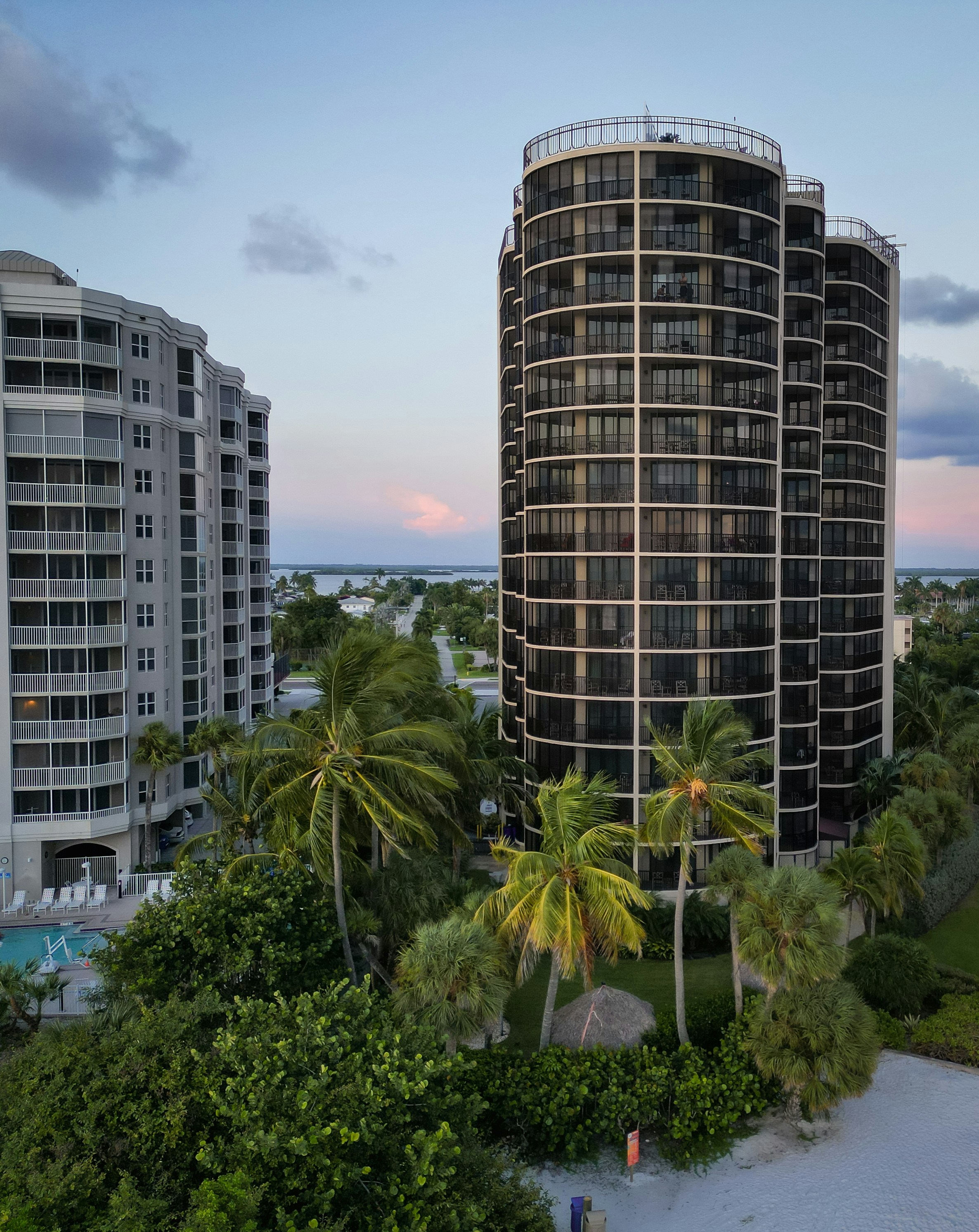 A tall building framed by forest at sunset